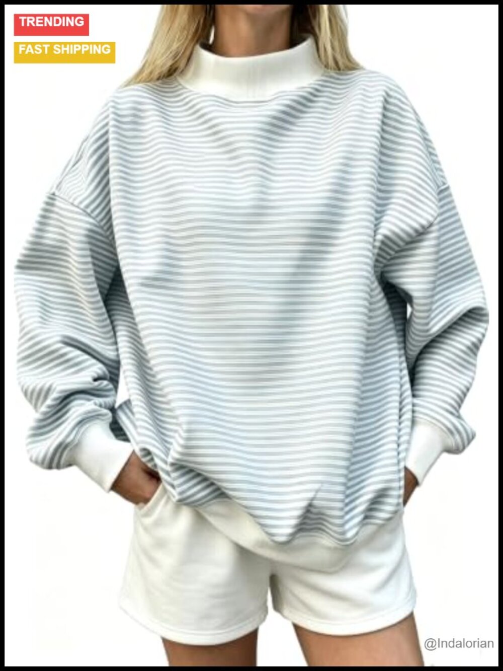 Oversized Mock Neck Striped Sweatshirt Long Sleeve Pullover Fall Casual
